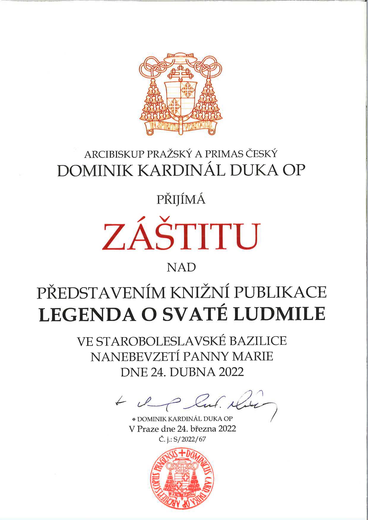Záštita Dominika kardinála Duky nad představením knihy Legenda o svaté Ludmile